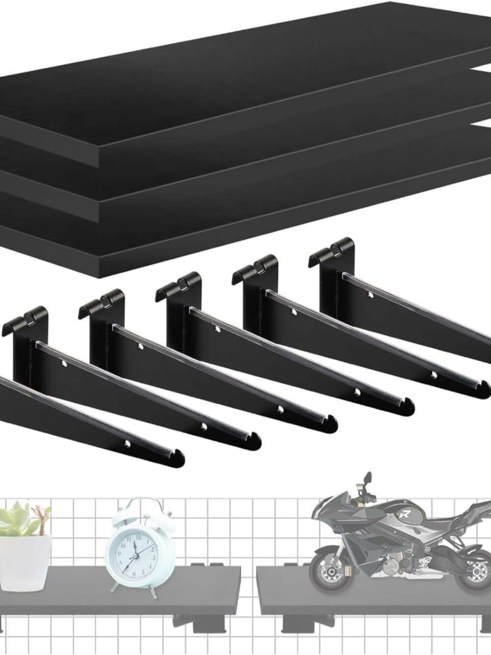 3 Pcs 16"x 8" Wooden Gridwall Shelf with Metal Brackets